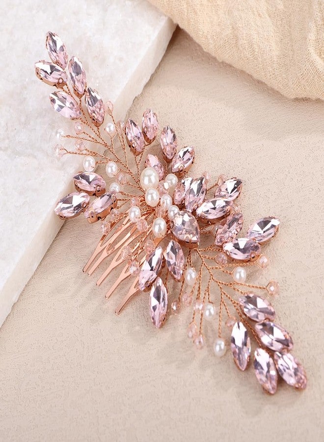 Rumtock Pink Crystal Hair Comb with Pearl Side Headpiece for Wedding Brides Women Handmade Jewelry (Pink) - Image 3